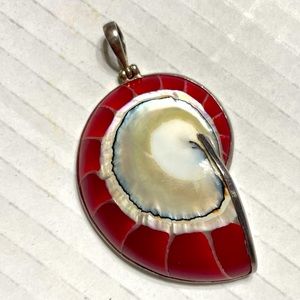 925 Sterling Silver Natural Nautilus Shell Red Pendant 2"